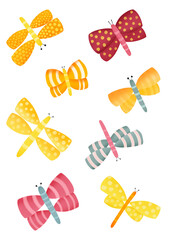 Set of dragonfly butterflies multicolored on a white background.