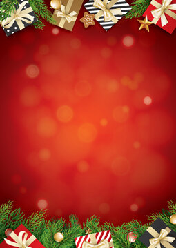 Christmas glass ball and giftbox red background with space for text.