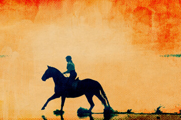 Kobieta amazonka w galopie na czarnym koniu na kontrastowym pomarańczowym tle. - obrazy, fototapety, plakaty