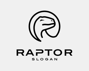 Fototapeta premium Raptor Dinosaur Jurassic Reptile Velociraptor Head Line Art Circle Shape Mascot Vector Logo Design