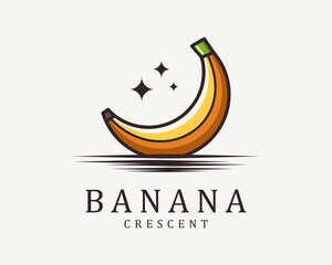 Banana Fruit Food Healthy Yellow Juicy Crescent Moon Moonlight Star Lake Cartoon Vector Logo Design
