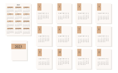 2023 сalendar design. Week starts on Sunday. Calendar design. Editable calender vertical page template. Set of 12 months.