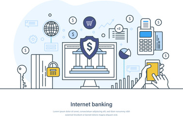 Internet banking services via world wide web business concept. Mobile payments, accounting and nfc technology online services web page, banner, presentation thin line design