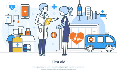 First aid, healthcare and medical care web banner. Emergency service, hospital, ambulance and treatment. Medical equipment and medications homepage thin line design