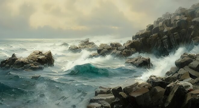 The rocky coast wonderful panorama stormy tide wavescrashing on the rock