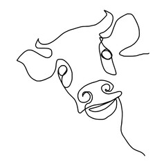 A cow drawn with a single line. Linear sketch of a cow. Cow one line.