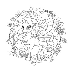 Cute flying unicorn with wings and summer flower wreath. Vector black and white illustration for coloring page.