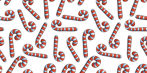 Vector seamless pattern with color candy cane, in flat style. Festive bright backgrounds and textures for Merry Christmas and happy New Year