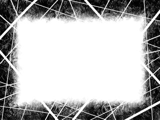 Black monochrome rectangle frame, isolated circle with copy space, contrast, white cross lines, original texture made with thick layer of paint
