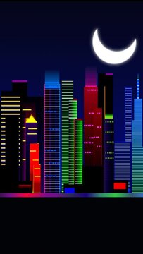 Colorful 2D cartoon-like city buildings animation night time, with a moon rising in the sky, 4K 60FPS. Vertical Video.