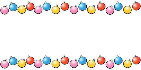 Vector background, frame, border of Christmas tree balls. Horizontal top and bottom edging, decoration on theme New Year and xmas.
