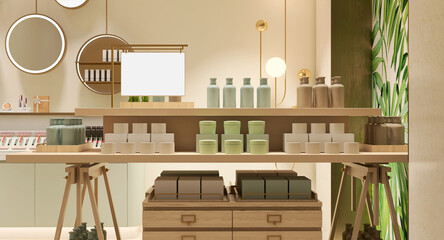 Elegant and luxury interior design of beauty cosmetic shop with wooden and gold shelf, pastel green cabinet and display in cream beige wall and decorative mirror and light