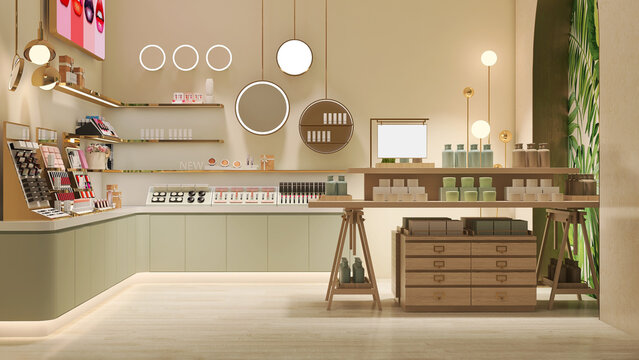 Elegant and luxury interior design of beauty cosmetic shop with wooden and gold shelf, pastel green cabinet and display in cream beige wall and decorative mirror and light