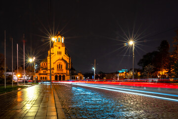 Saint Alexander Nevsky Cathedral at dusk with car lights, Sofia, Bulgaria