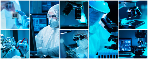 Microelectronics engineers work in a modern scientific laboratory on computing systems and...