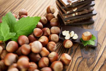 Hazelnuts close-up with leaves and slices of chocolate. Beautiful photo wallpaper for a cooking site.