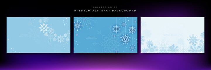 Naklejka na ściany i meble Blue snowflake border with Christmas design for greeting card. Vector illustration, merry xmas snow flake header or banner, wallpaper or backdrop decoration. New year 2023