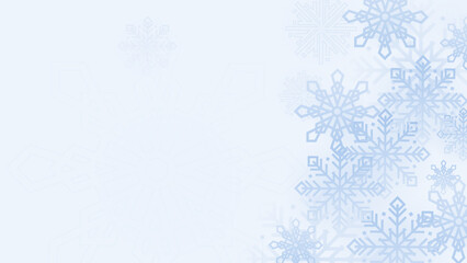 Blue snowflake border with Christmas design for greeting card. Vector illustration, merry xmas snow flake header or banner, wallpaper or backdrop decoration. New year 2023