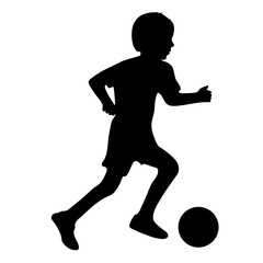 Silhouette of football player boy kicking ball, children game of soccer. Vector illustration
