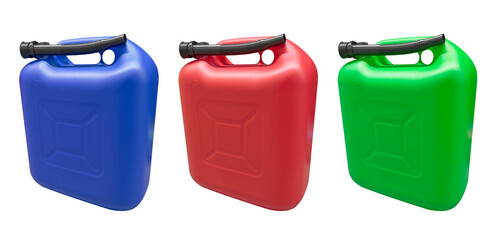 Three plastic gas canister isolated on a white background. Canister for gasoline, diesel and gas....