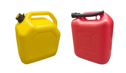 Two plastic gas canister isolated on a white background. Canister for gasoline, diesel and gas....