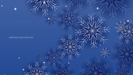 Fototapeta na wymiar Christmas background with snowflakes of different shapes, sizes and transparency. Gradient from blue to white. Christmas with snowflake snow winter decoration. Christmas background with snow
