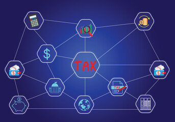 Concept of taxes paid by individuals and corporations such as VAT, income tax and property tax Data analysis, paperwork,Financial research. Background for your business. Vector