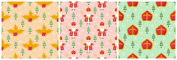 Fototapeta na wymiar Set of Saint Nicholas Day or Sinterklaas Seamless Pattern with Gift Box and Christmas Template Background Hand Drawn Cartoon Flat Illustration
