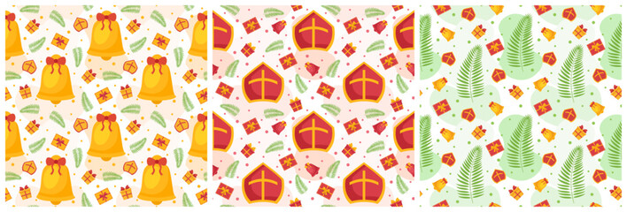 Set of Saint Nicholas Day or Sinterklaas Seamless Pattern with Gift Box and Christmas Template Background Hand Drawn Cartoon Flat Illustration