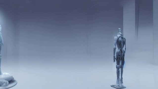 Animation Generative AI of digital portraits of futuristic female robot retro sci fi drawing with woman face and bionic body. Digital image grey photorealistic cyborgs