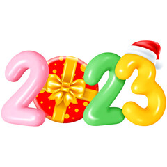 New Year 2023 glossy numbers and gift box 3d illustration on transparent background