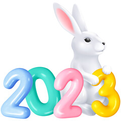 New Year 2023 glossy numbers and rabbit figurine 3d illustration on transparent background