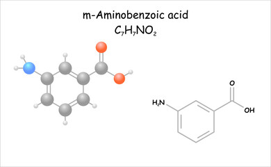Stylized molecule model/structural formula of m-Aminobenzoic acid.