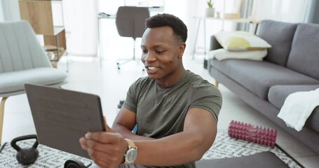 Video call, fitness and tablet of man in a home with muscle, power and energy flex for social media, virtual class or online training webinar. Zoom call, home and sports man show strong body progress