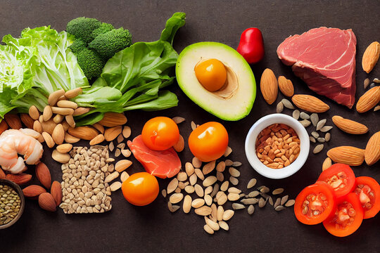 Healthy food for balanced diet background. Overhead view of a large group of healthy food
