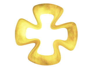 Gold isolated rounded element, cross shape, luxury metallic overlay shape, metal object with copy space, ring, particle, curves
