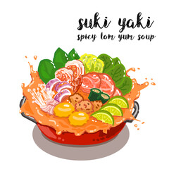 Suki yaki spicy Tom Yum soup cartoon vector isolated on white background.
