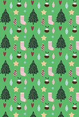 Christmas pattern with xmas decor on green background.Xmas wrapping paper template