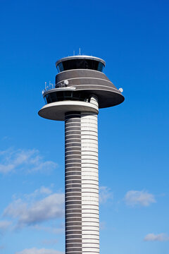 Arlanda, Sweden - October 12, 2022: air traffic control tower in sunlight