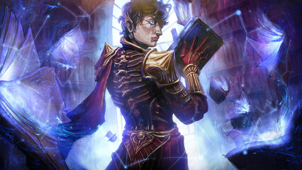 A handsome young black-haired man in the red and gold armor of a necromancer, he is a wizard looking for rare books, lifting many volumes into the air in a secret library in the moonlight. 2d art - obrazy, fototapety, plakaty