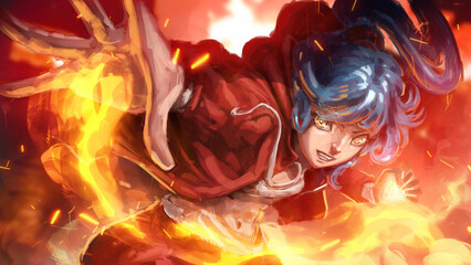 A perky and adventurous fighter girl in a red jacket with blue hair, she makes a fighting gesture leaving trail of flames, preparing to smash her palm like a kungfu master. 2d dynamic action anime art