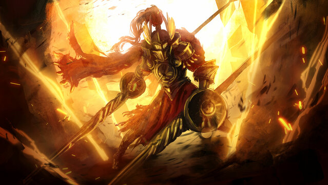 A knight of light with two spears in his hands stands overflowing with energy, he is a golem paladin surrounded by electric magic of light that causes thunder and lightning in a circle. 2d art