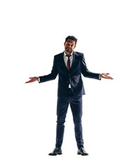 Corporate business man shrugging his shoulders on a transparent background