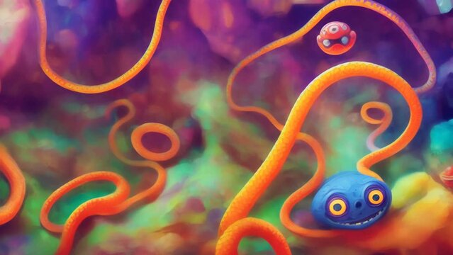 Colorful animation of cute snake animals with big eyes in a fantasy underwater coral landscape. Happy little monsters  kids cartoon background.