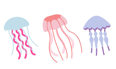 Set of jellyfish in flat style. Beautiful underwater inhabitants. © KurArt