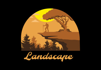 Mountain climbers standing on the edge of a cliff under a shady tree