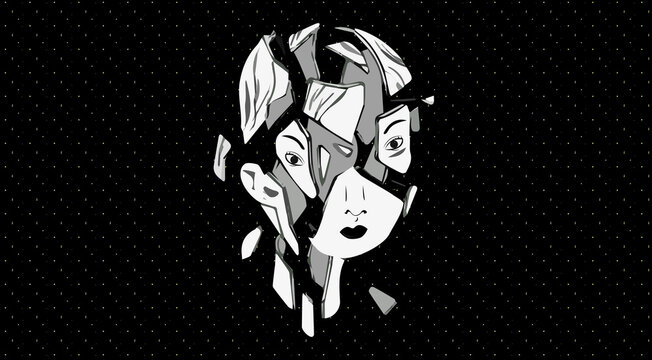 Art illustration is a digital painting broken retro mirror with a decorative frame and a man's face reflection in the shards. Vintage engraving stylized drawing. Vector Illustration