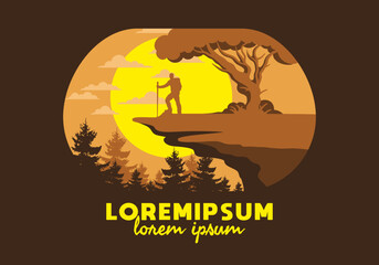 Mountain climbers standing on the edge of a cliff under a shady tree