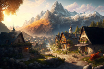 Concept art illustration of fantasy village in the mountains