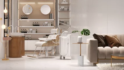 Papier Peint photo Salon de beauté Modern and elegant interior design of professional beauty salon and spa with luxury styling chair, facial and hair treatment machine, cosmetic products shelf and reeded glass partition with sofa